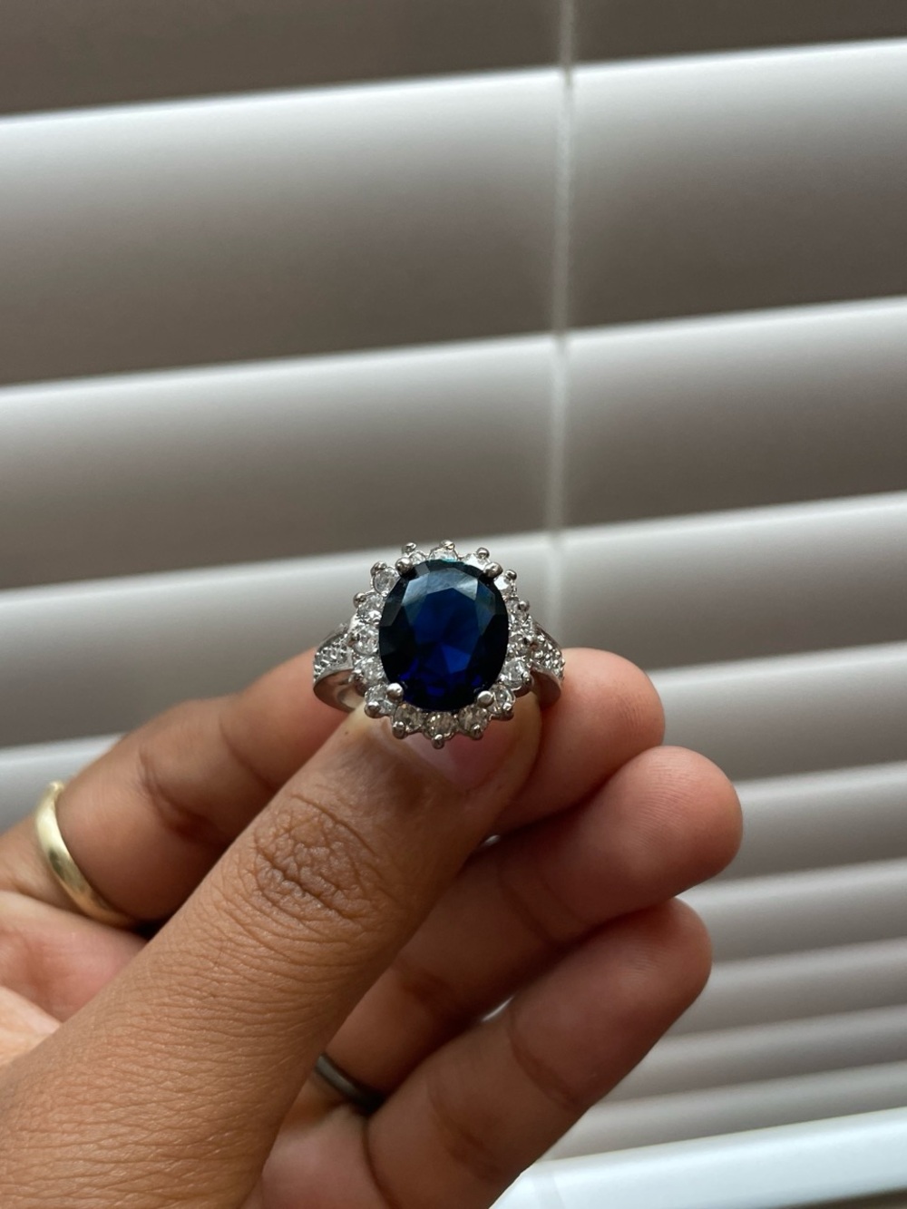 Blue Sapphire Halo Cocktail Ring - Silver Tone